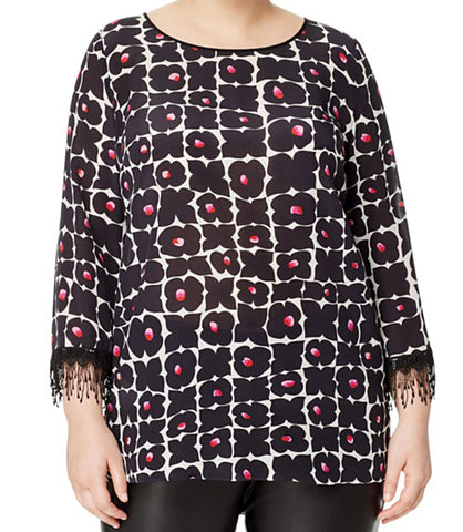 MARINA RINALDI Women's Black Bea Floral Fringe Sleeve Blouse $455 NWT