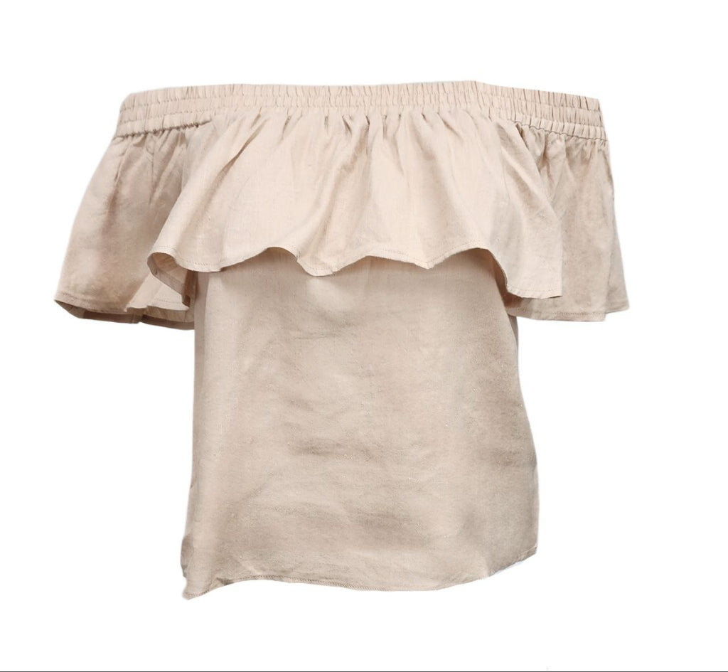 HoodLamb Women's Beige Ruffle Off Shoulder Hemp Top 420 NWT