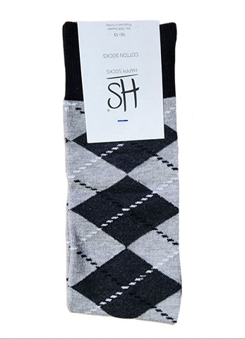 HAPPY SOCKS Men's Black & Grey Argyle Soft Cotton Socks Size 8-12 NWT