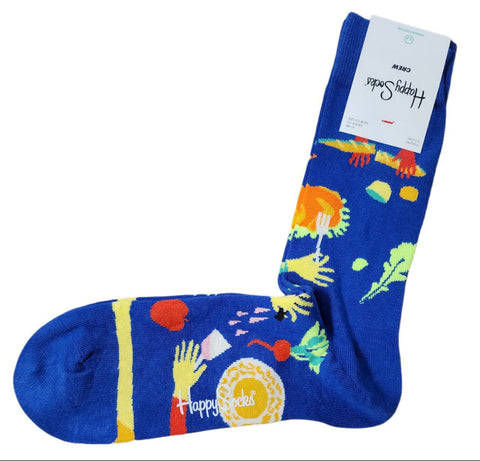 HAPPY SOCKS Men's Blue Dinner Combed Cotton Crew Socks Size 8-12 NWT