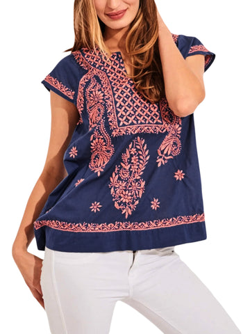 ROBERTA ROLLER RABBIT Women's Navy/Coral Faith Top $95 NEW