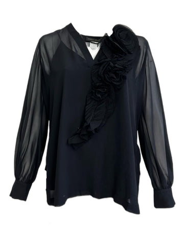 Marina Rinaldi Women's Black Fiabesco Long Sleeve Sheer Blouse NWT