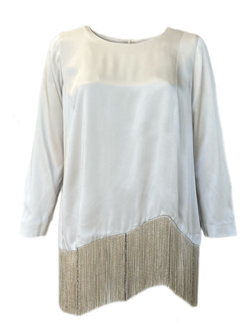 Marina Rinaldi Women's Ivory Flute Long Sleeve Frine Hem Blouse NWT