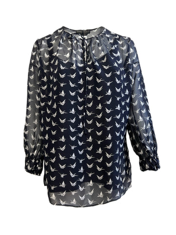 Marina Rinaldi Women's Navy Foyer Printed Sheer Silk Blouse NWT