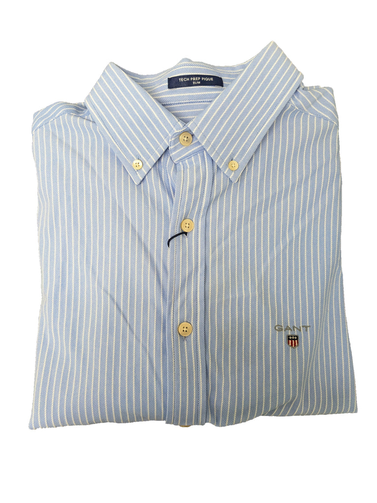 GANT Capri Blue Tech Prep Pique Stripe Slim Button Down Shirt 3003662 Size M NWT