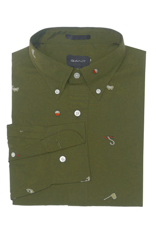 GANT Loden Green Hook & Lure Fil Coupe Shirt 3005670 Size Medium NWT