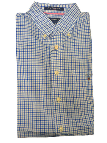 GANT Sea Blue Long Beach Poplin Gingham Fitted Button Down Shirt 308642 Size M