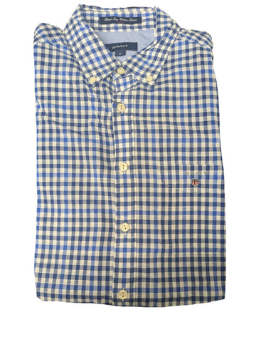 GANT Azur Blue River Inn Cotton Linen Check Fitted Button Down 308822 Size M