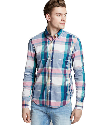 GANT RUGGER Men's Military Blue India Madras EZ OBD Shirt $125 NWT