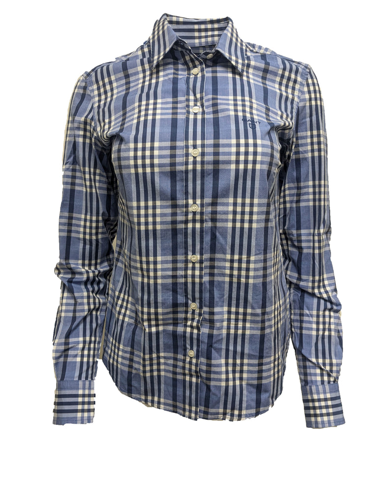 GANT Women's Luminary Blue Co Pop Stretch Checked Shirt 432165 Size 6