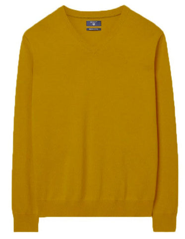 GANT Men's Mustard  Melange Lightweight Cotton V-Neck Sweater 83072 Size XL