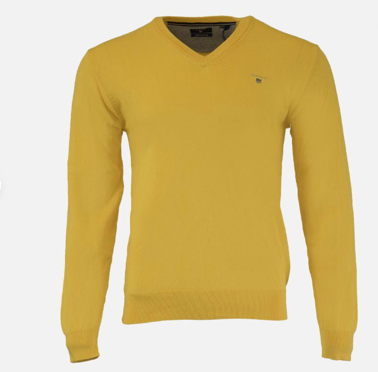 GANT Men's Golden Yellow Stretch Cotton V-Neck Sweater 88202 Size Medium