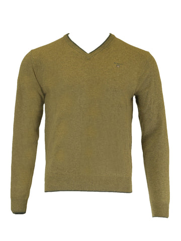 Gant Men's Tipped Lambswool V-Neck Sweater, Medium, Light Brown