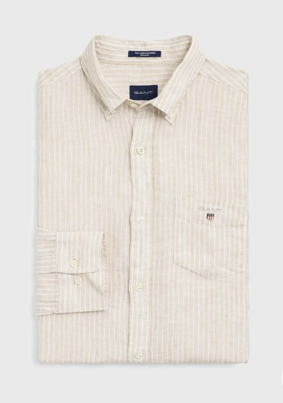 GANT Latte Beige Linen Pinstripe Button Down Shirt 3040720 Size Medium