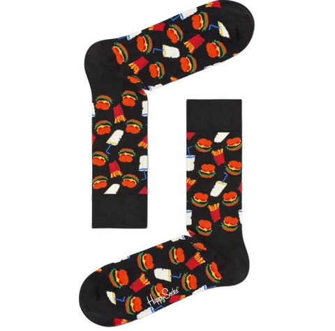 HAPPY SOCKS Men's Black Hamburger Combed Cotton Crew Sock Size 8-12 NWT