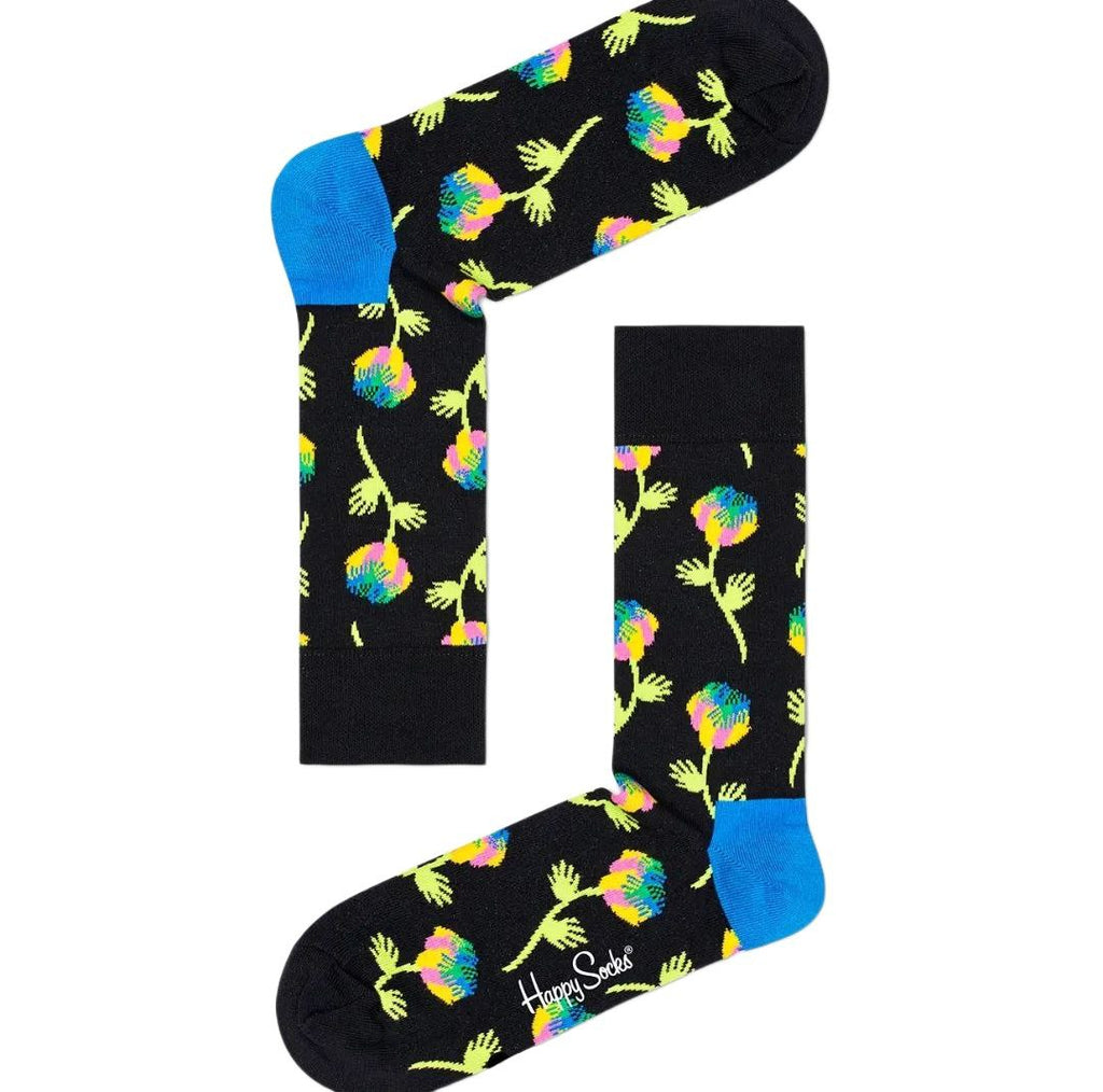 HAPPY SOCKS Men's Black Hand Flower Combed Cotton Socks Size 8-12 NWT