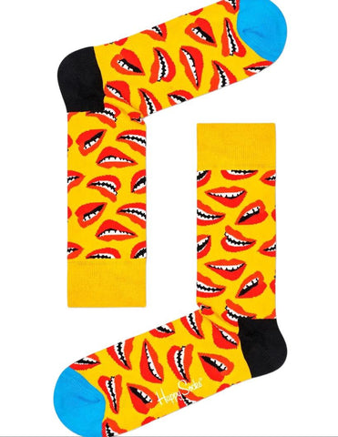 HAPPY SOCKS Men's Yellow Lips Combed Cotton Socks Size 8-12 NWT