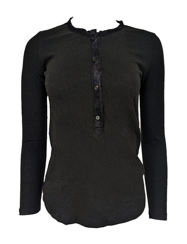 Majestic Filtures Women's Fur Leather Placket Black Henley Top Size XS NWT