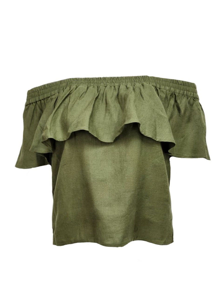 HoodLamb Women's Olive Ruffle Off Shoulder Hemp Top 420 NWT