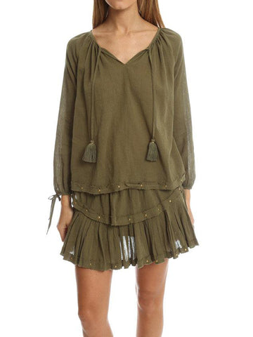 LOVESHACKFANCY Women's Army Green Stud Trim Peasant Blouse $195 NWT