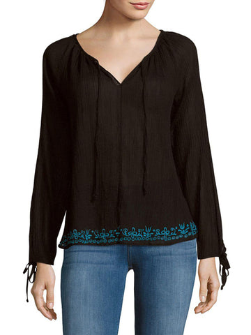 LOVESHACKFANCY Women's Black Solid Embroidered Peasant Blouse $285 NWT