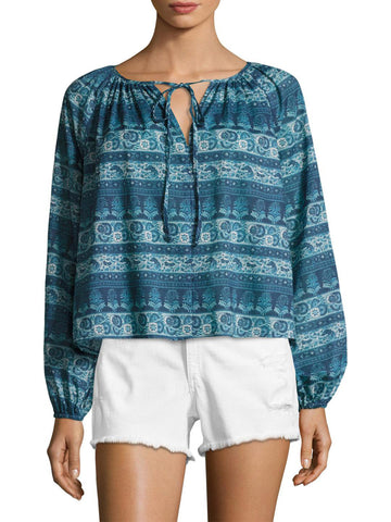 LOVESHACKFANCY Women's Blue Multi Cotton Printed Peasant Blouse $225 NWT