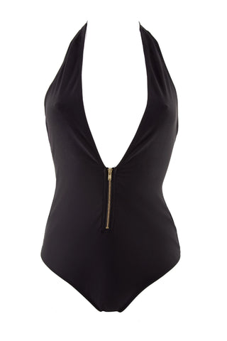 PEEK & BEAU Women's Black Zip Up Low Cut One Piece Swimsuit NWT