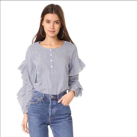 SPLENDID Women's Ruffled Sleeve Navy Striped Long Sleeve Blouse $128 NWT