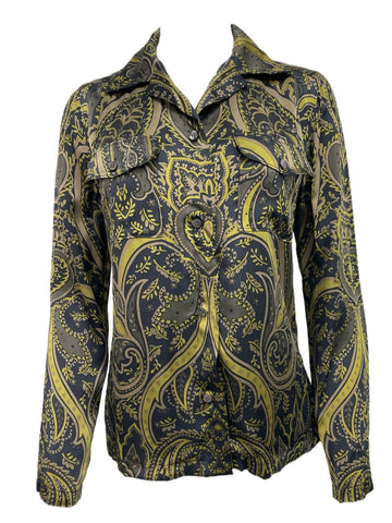 BLK DNM Women's Military Green Paisley Long Sleeve Silk Blend Shirt 75 Size S NWT