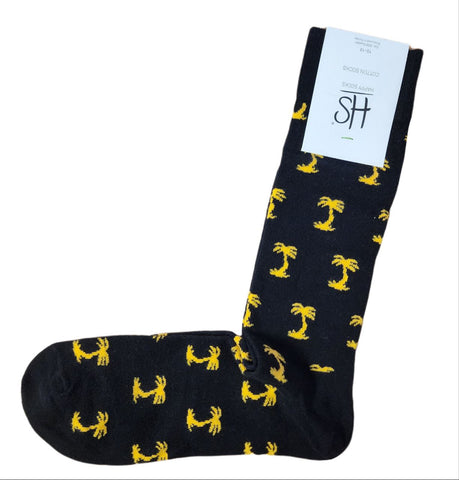 HAPPY SOCKS Men's Black Cotton Yellow Palms Crew Socks Size 8-12 NWT