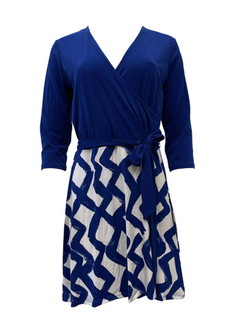 Leota Women's Blue Zig Zag Navy Crepe A-Line Stretchy Dress #2515 NWT