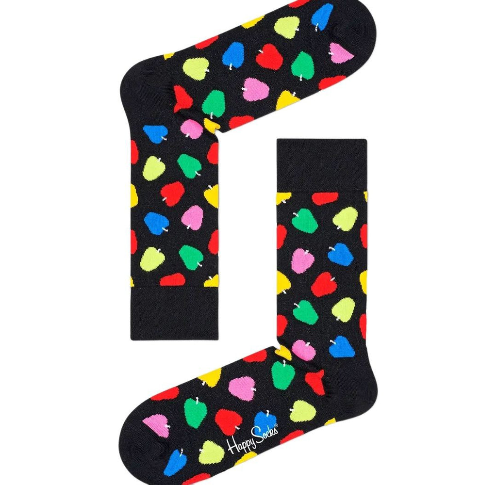 HAPPY SOCKS Men's Black Multi Apples Combed Cotton Crew Socks Size 8-12 NWT