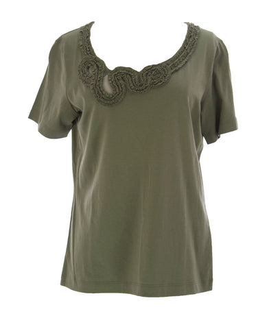 Joan Vass Women's Mesh / Embellished Neckline Top Olive