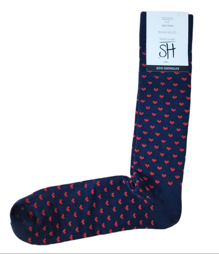 HAPPY SOCKS Men's Navy Hearts Cotton Crew Extended King Size Socks 10-15 NWT