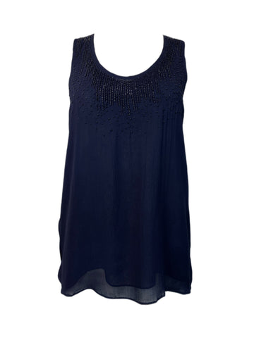 ECRU Women's Navy Indigo Casual Besded Top #3130 S NWT