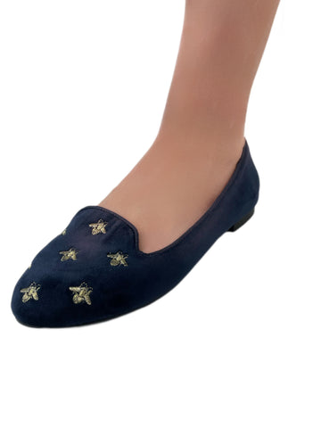 SCOTCH&SODA Womens Navy Velvet Embroidered Bee Flats #33 6 NWB