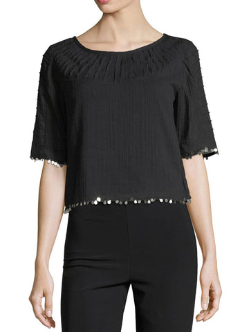 LOVESHACKFANCY Women's Black Agatha Sequin-Trim Voile Top $155 NWT