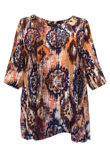 Marina Rinaldi Women's Brown Barbados Short Sleeve Printed Silk Top NWT