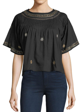 LOVESHACKFANCY Women's Black Isabella Embroidered Crepe Top $255 NWT