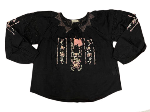 LOVESHACKFANCY Women's Black Lou Peasant Blouse $245 NEW