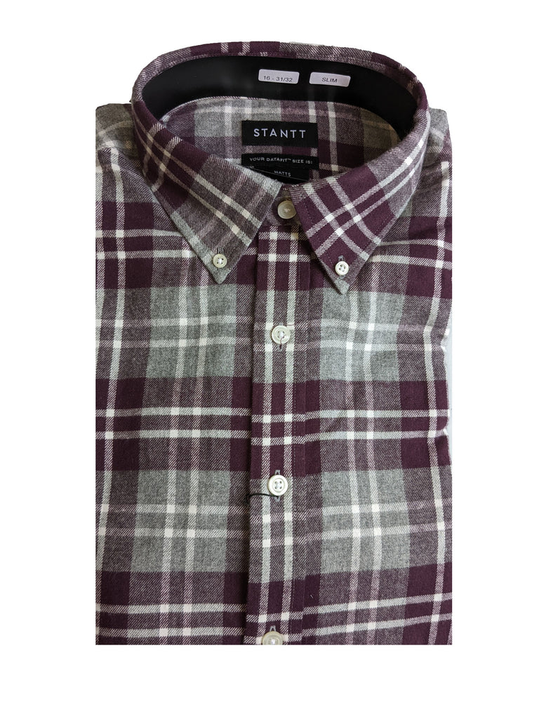 STANTT Men's Purple and Grey Plaid Flannel Button Up Shirt Watts Fit 16-31/32