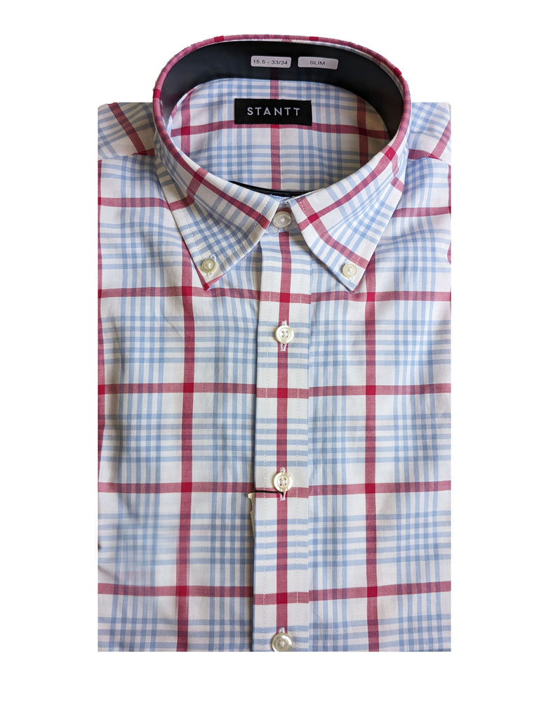 STANTT Men's Red and Blue Plaid Casual Button Up Shirt 15.5-33/34 Slim