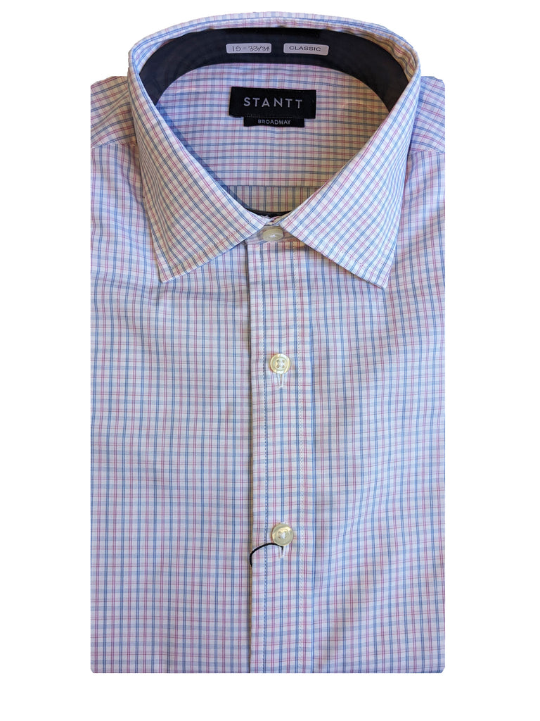 STANT Men's Blue and Pink Tattersall Mod Spread Shirt Broadway Fit 15-33/34