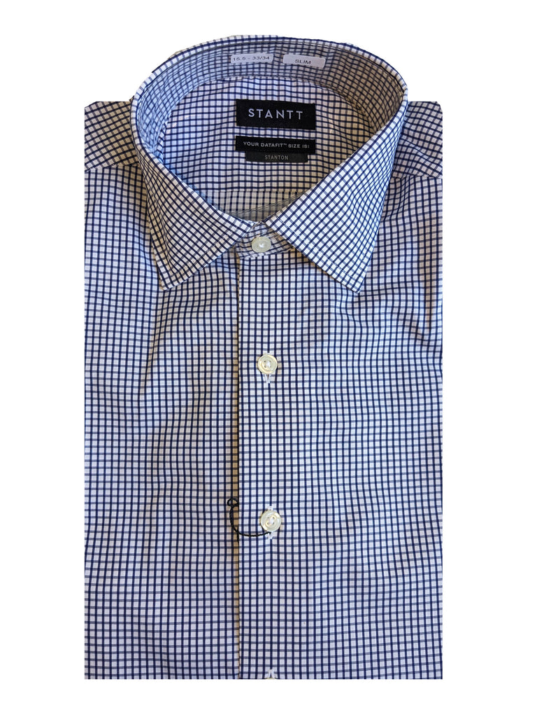 STANTT Men's Navy Grid Check Mod Spread Shirt Spruce Fit 16.5-35/36 NEW