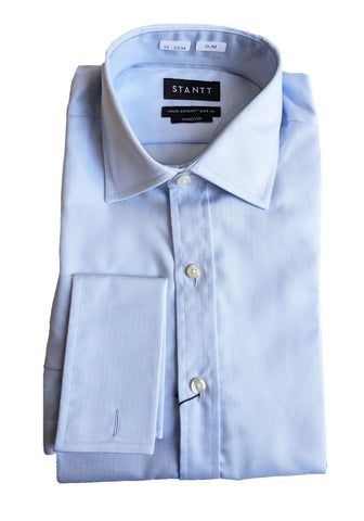 STANTT Men's Light Blue Mod Spread French Cuff Herringbone Hanover Fit Shirt