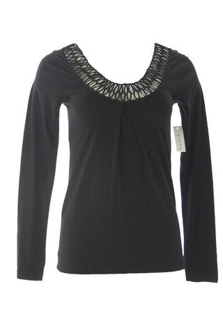 WYETH Women's Black Crochet Trim Crew Neck Long Sleeve Blouse $85 NEW