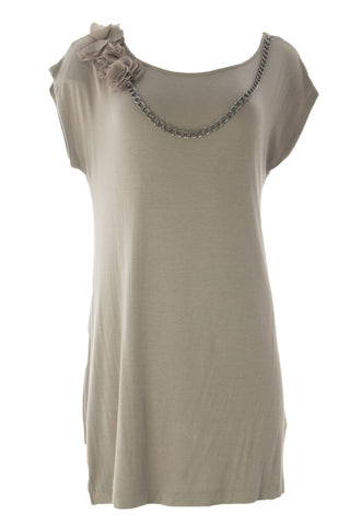 WYETH Women's Dark Tan Flower Applique Chain Link Cap Sleeve Tunic $99 NEW