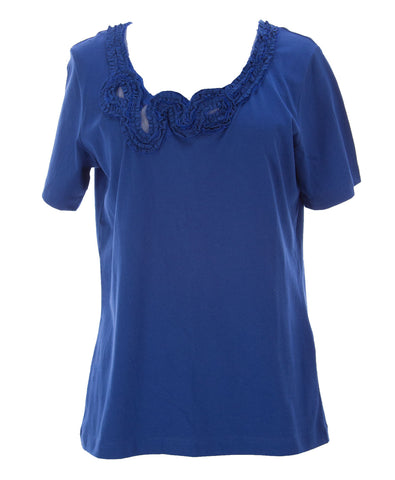 Joan Vass Women's Mesh / Embellished Neckline Top Persian Blue