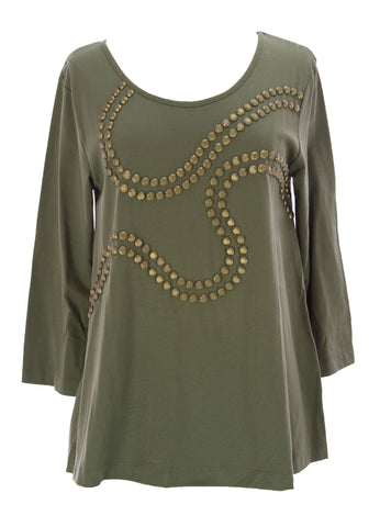 Joan Vass Women's 3/4 Sleeve Rivet Top Olive