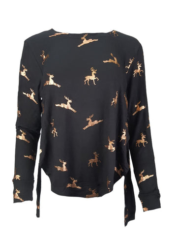 TEREZ Women's Black Raindeer Long Sleeve Shirt #22237779 Large NWT